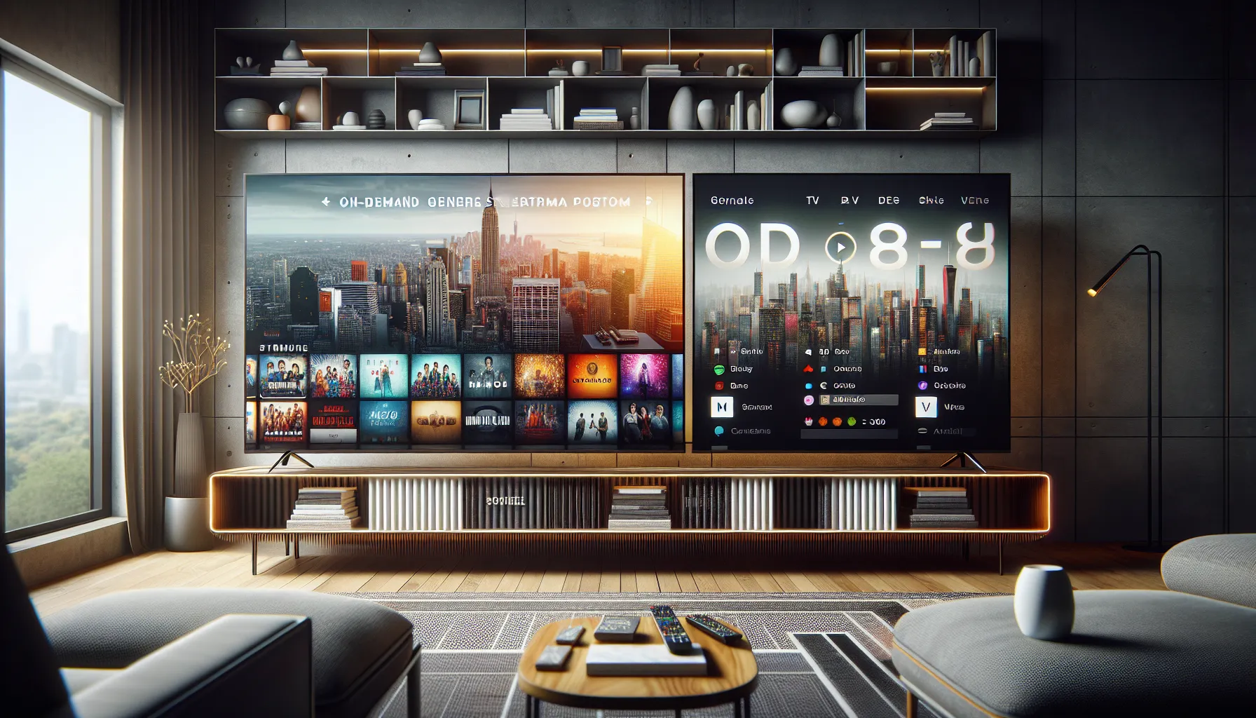 Two televisions comparing Tubi and Pluto TV interfaces in a living room.