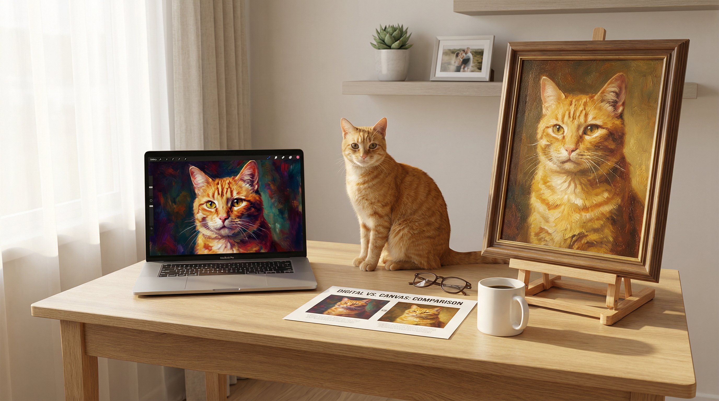 Digital and canvas cat portraits displayed side by side on a desk.
