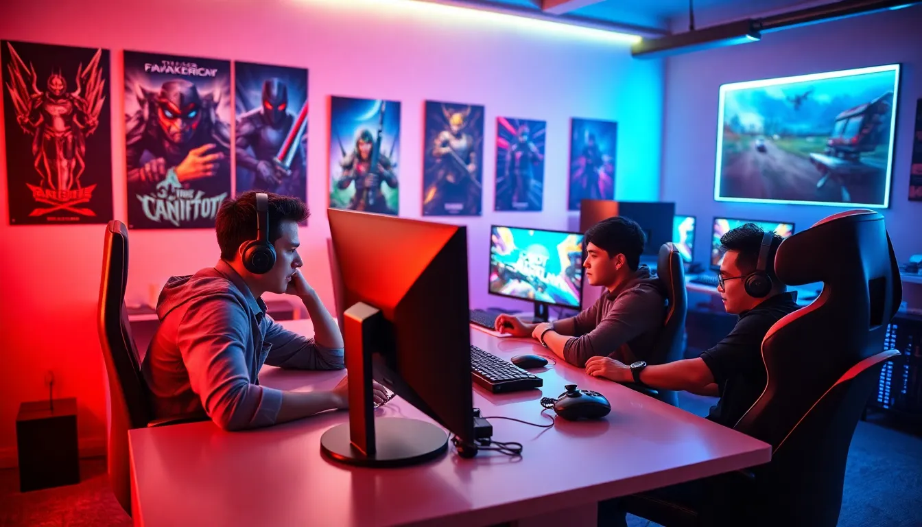 diverse gamers in a modern gaming room with high-tech setups.