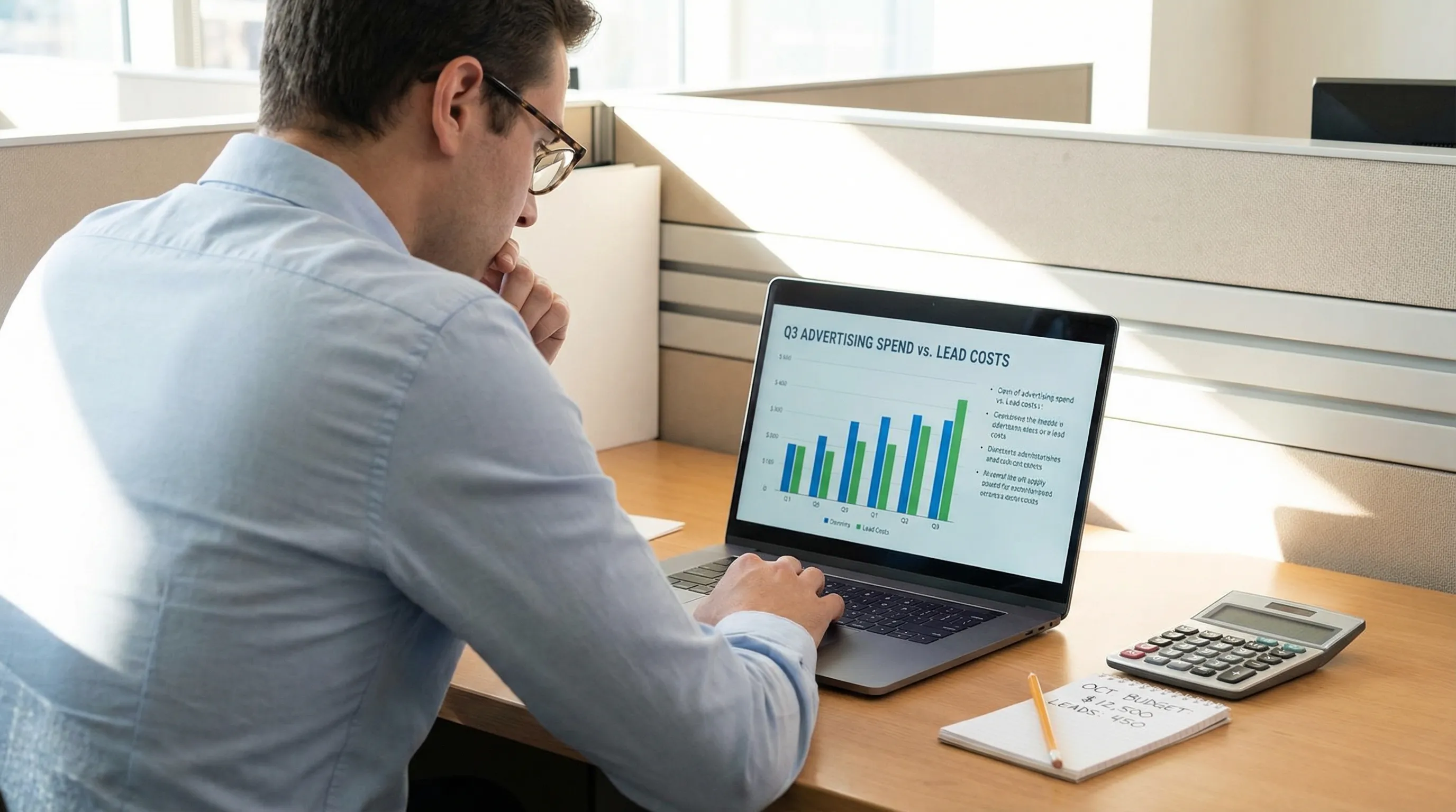 Marketer at a desk analyzes a laptop showing charts and figures with a calculator and notes nearby.