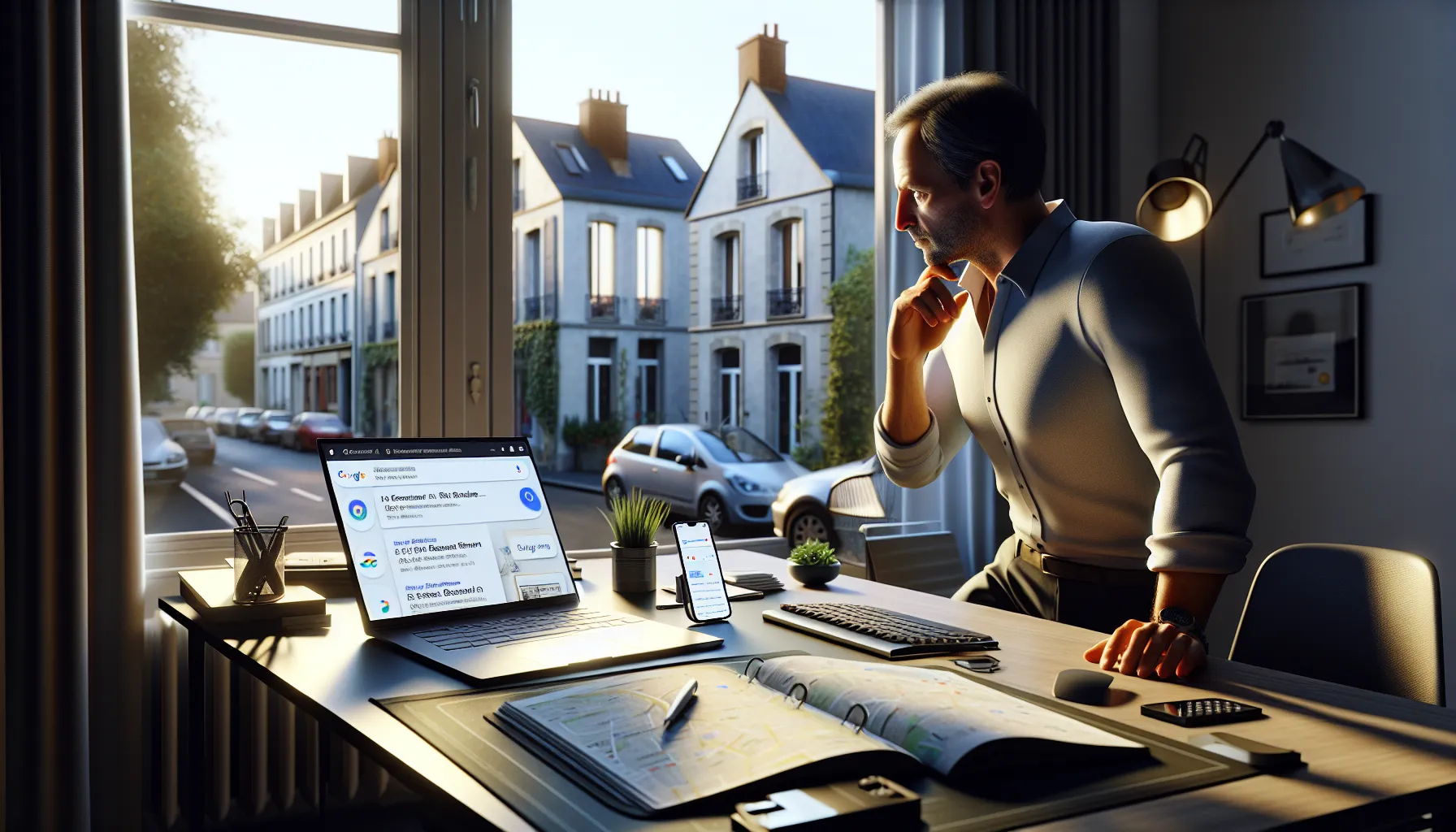 Small business owner in Saint-Maurice viewing local Google search results on laptop.