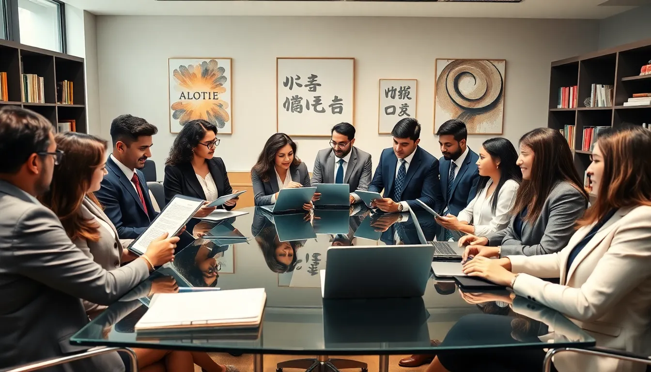 diverse professionals discussing a historical concept in a modern office.
