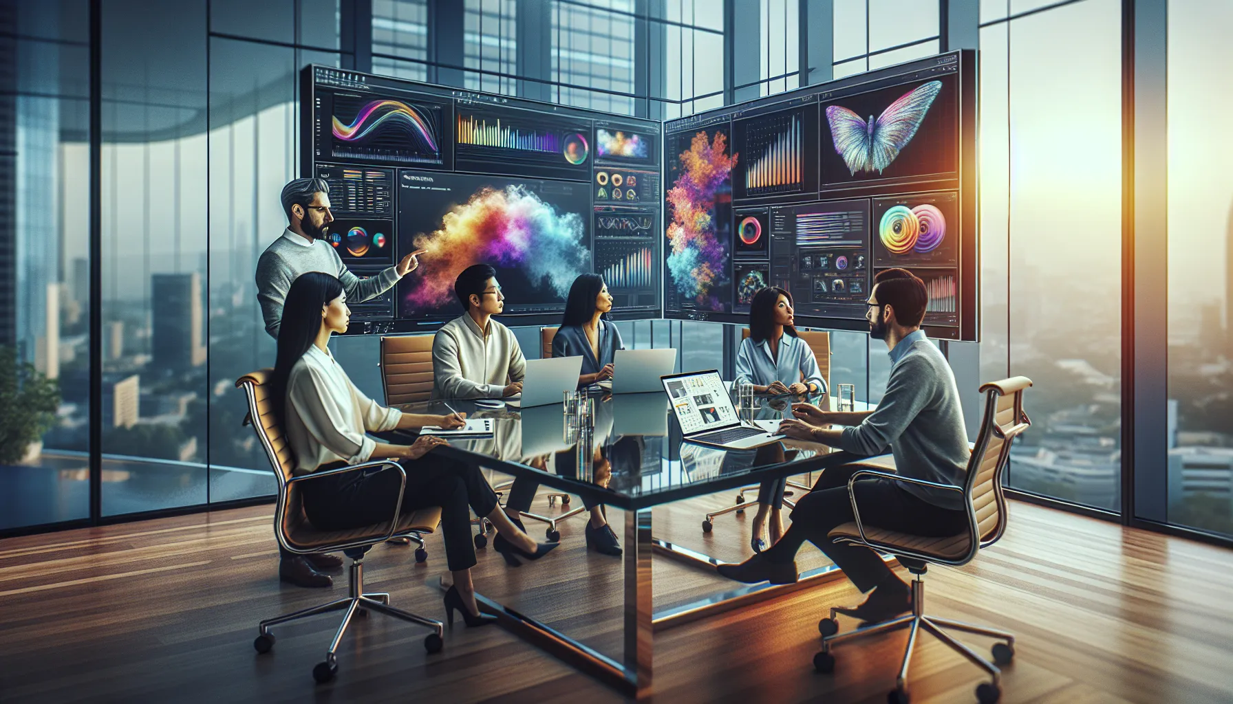 diverse team collaborating in a modern office on Shotscribus software.