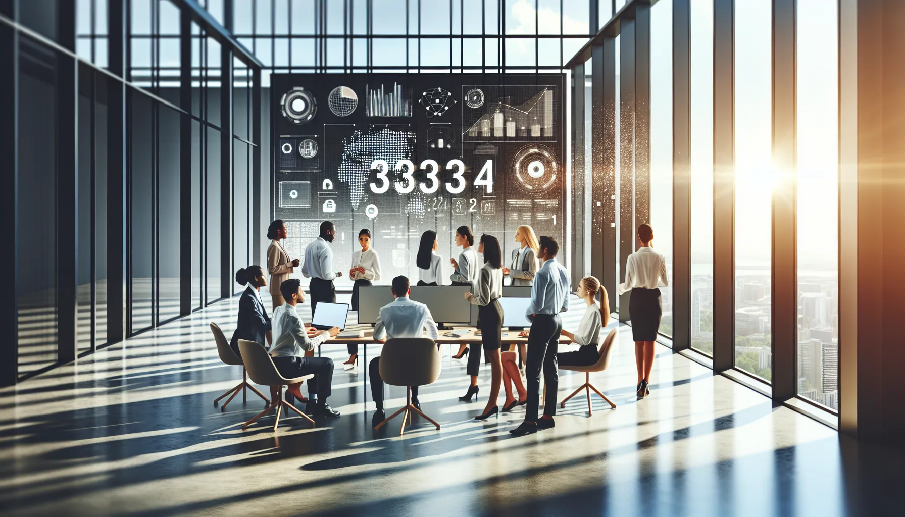 diverse team discussing technology in a modern office.