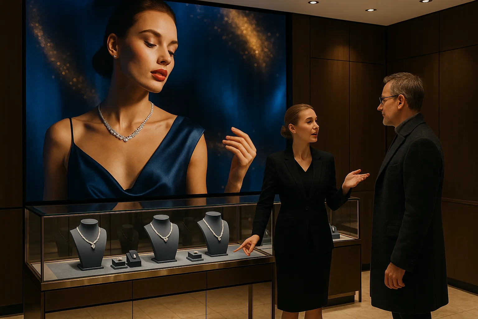 LED video wall behind a jewelry counter in a luxury boutique.