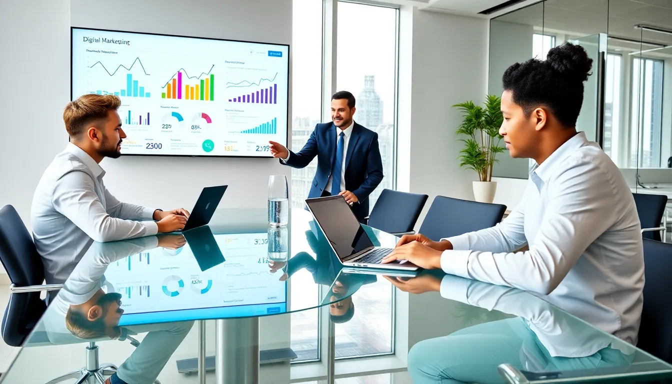 diverse team collaborating on digital marketing strategies in a modern office.