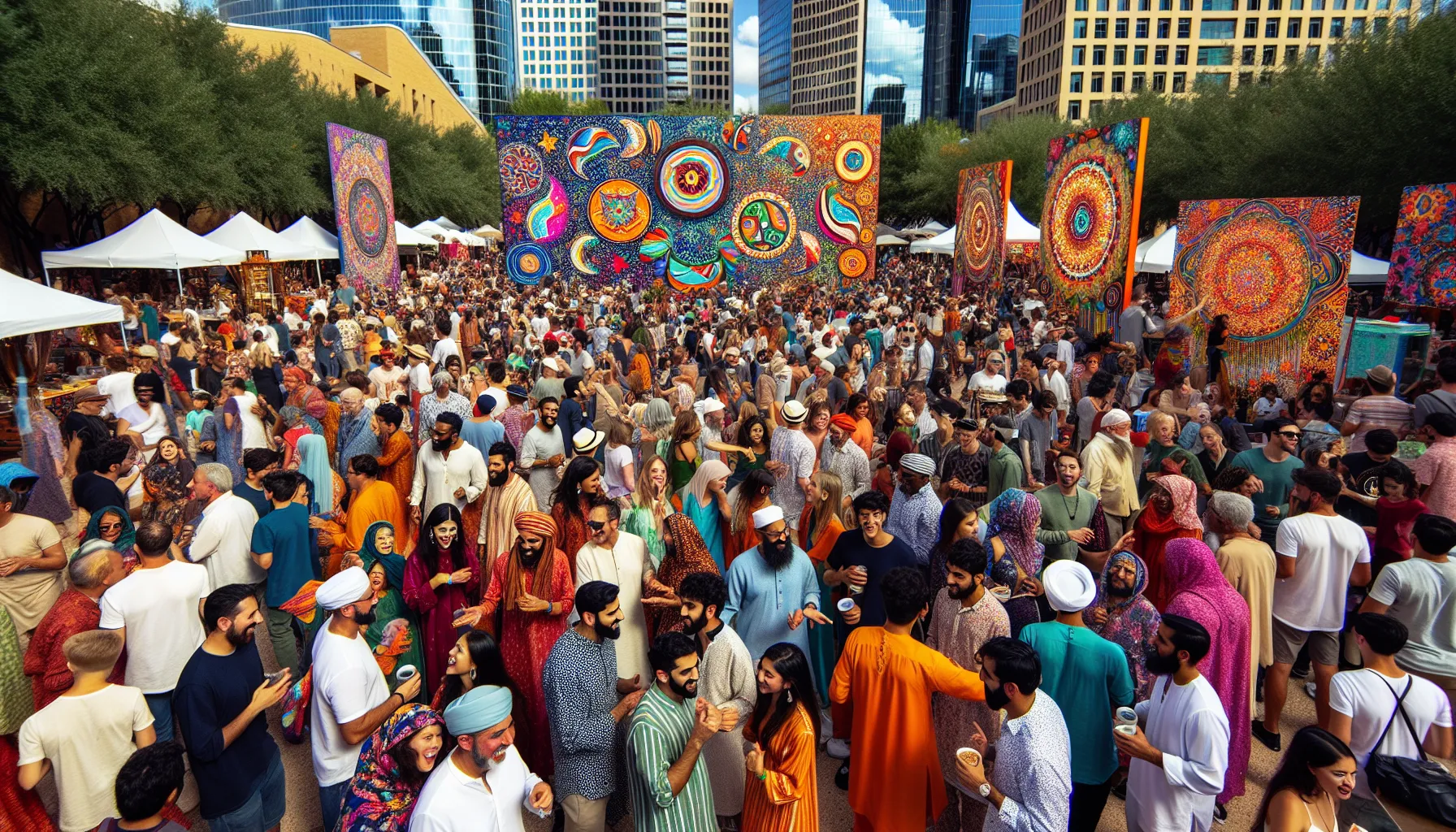 A vibrant cultural festival in Hausizius, featuring diverse people celebrating.
