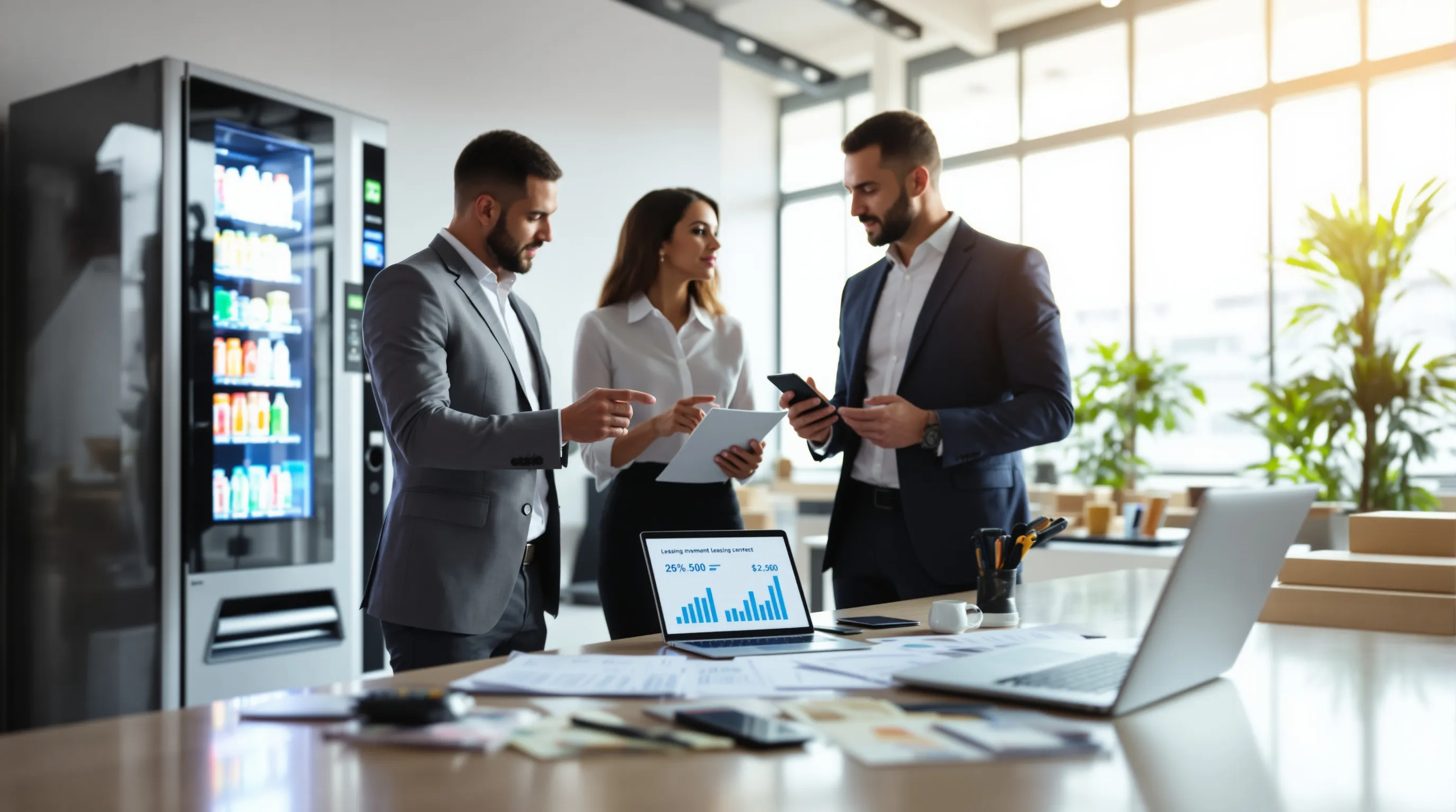 Business professional reviewing vending machine investment costs and operational documents in modern office.