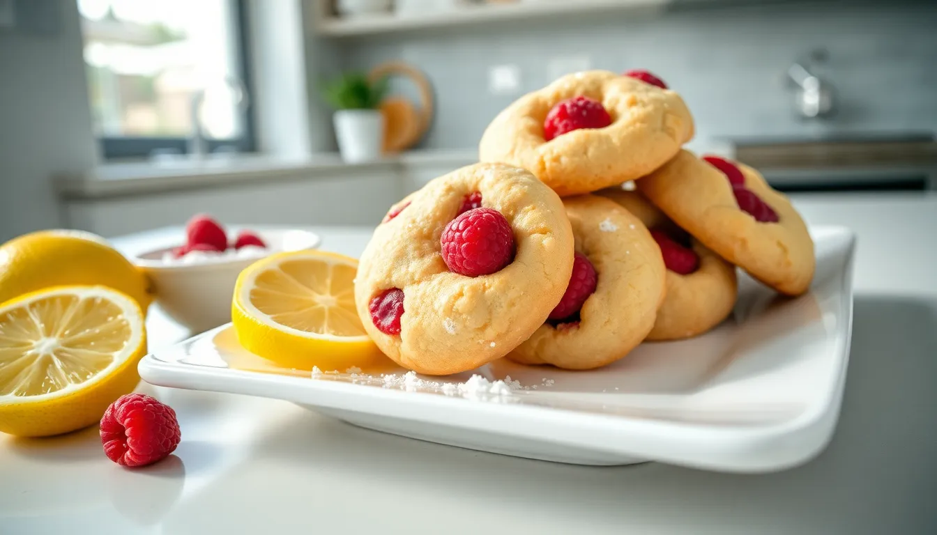 freshly baked raspberry lemonade cookies on a white plate with lemon slices.