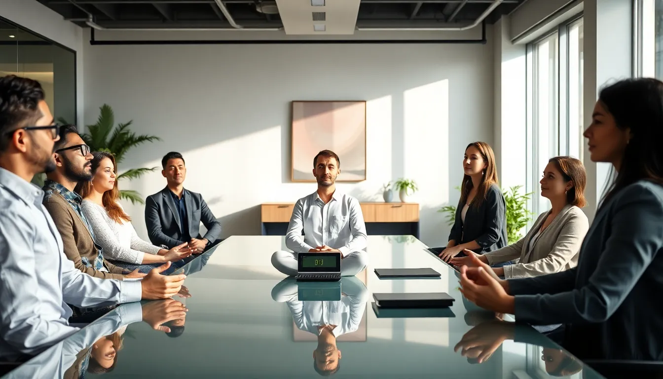 diverse professionals practicing mindfulness in a modern office.