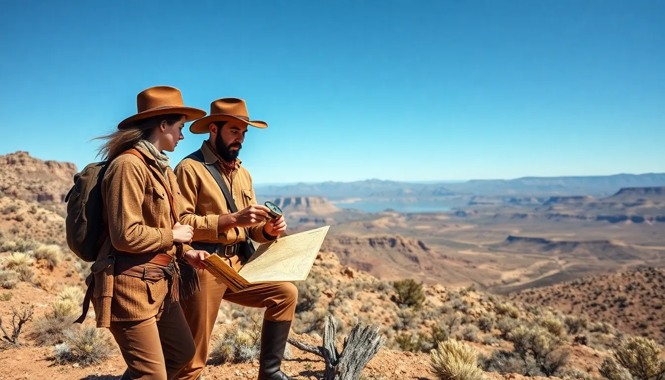 explorers in 19th-century attire mapping the Great Basin landscape.