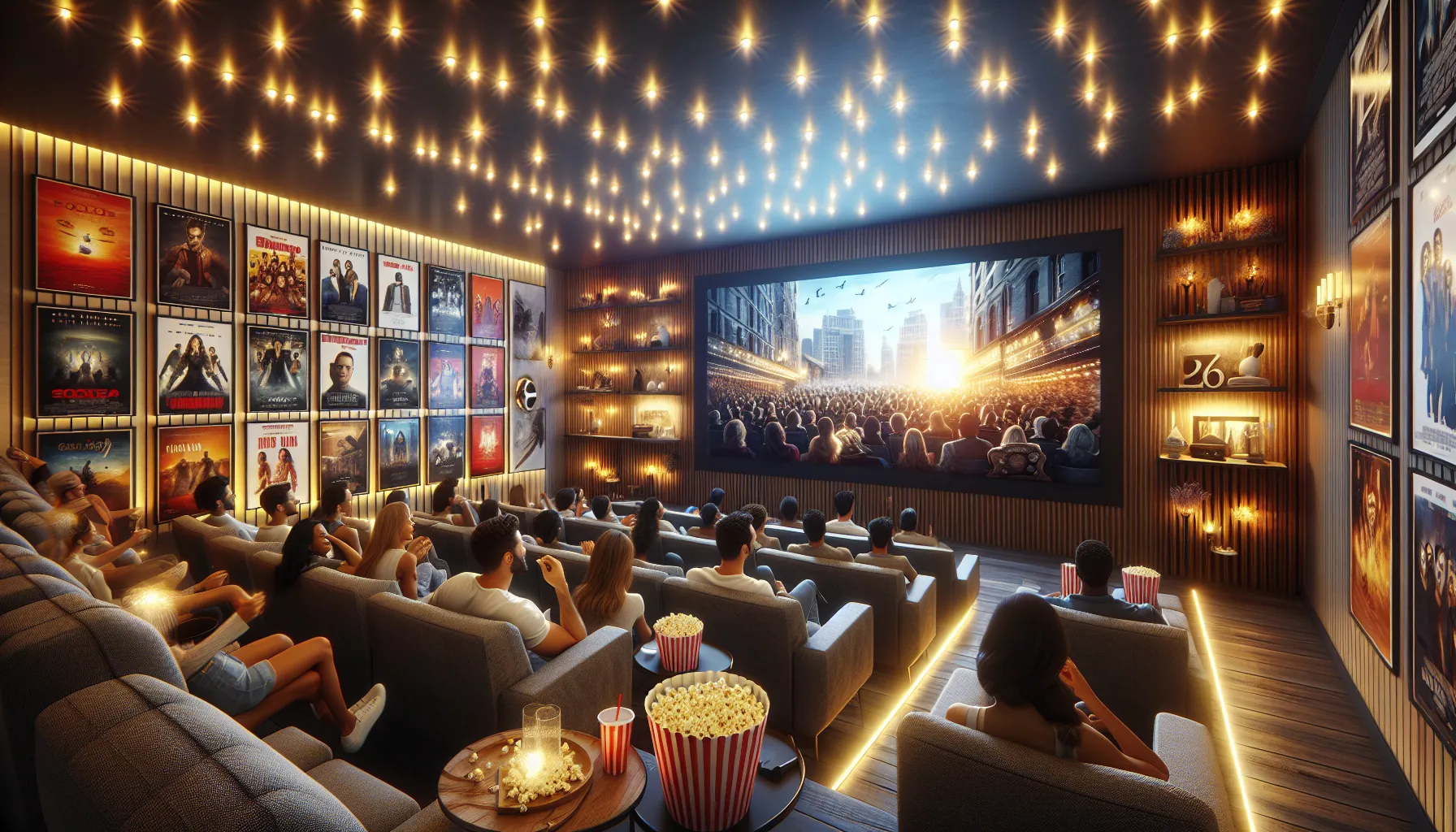 group discussing movies in a stylish home theater setting.