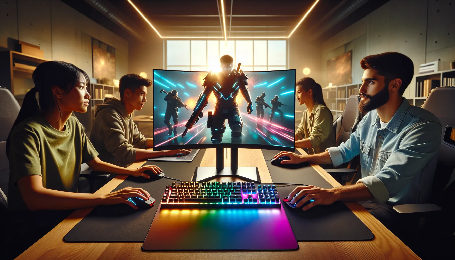 diverse gamers enjoying Scookiegear's latest gaming setup in a modern office.