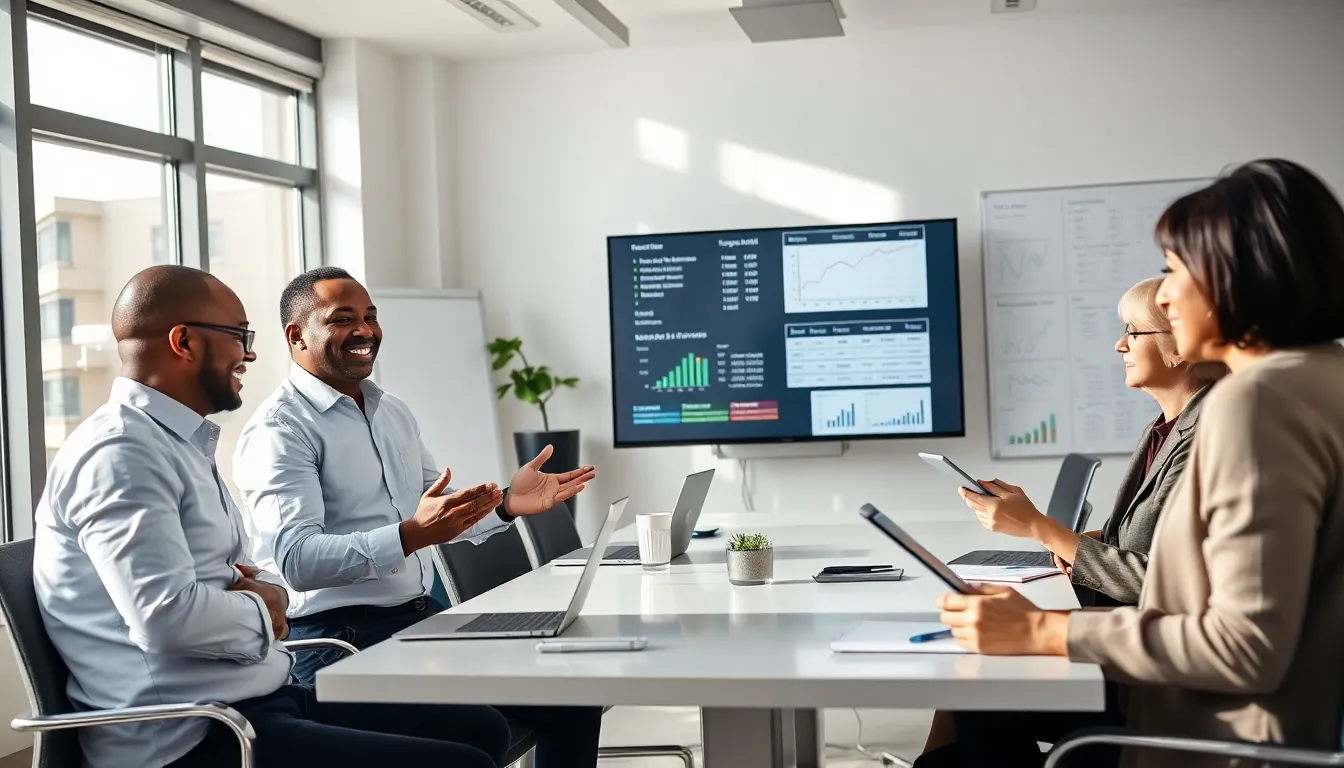 professionals collaborating in a modern office using an investment calculator.