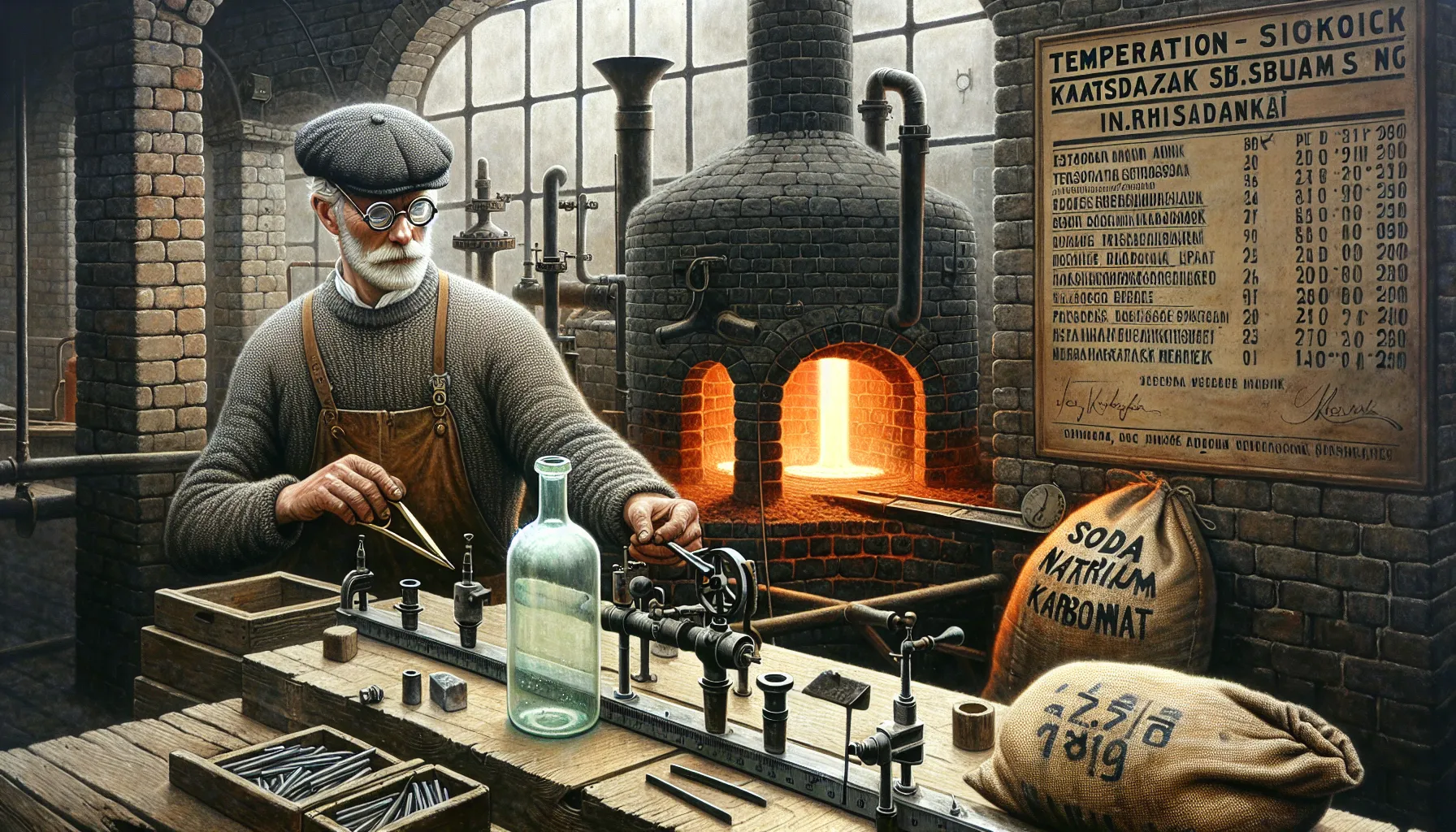 Norwegian worker measuring uniform hot glass bottles beside an automatic furnace machine.