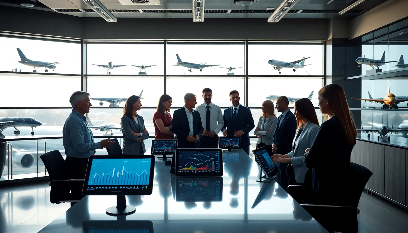 diverse team collaborating in a modern aviation office.