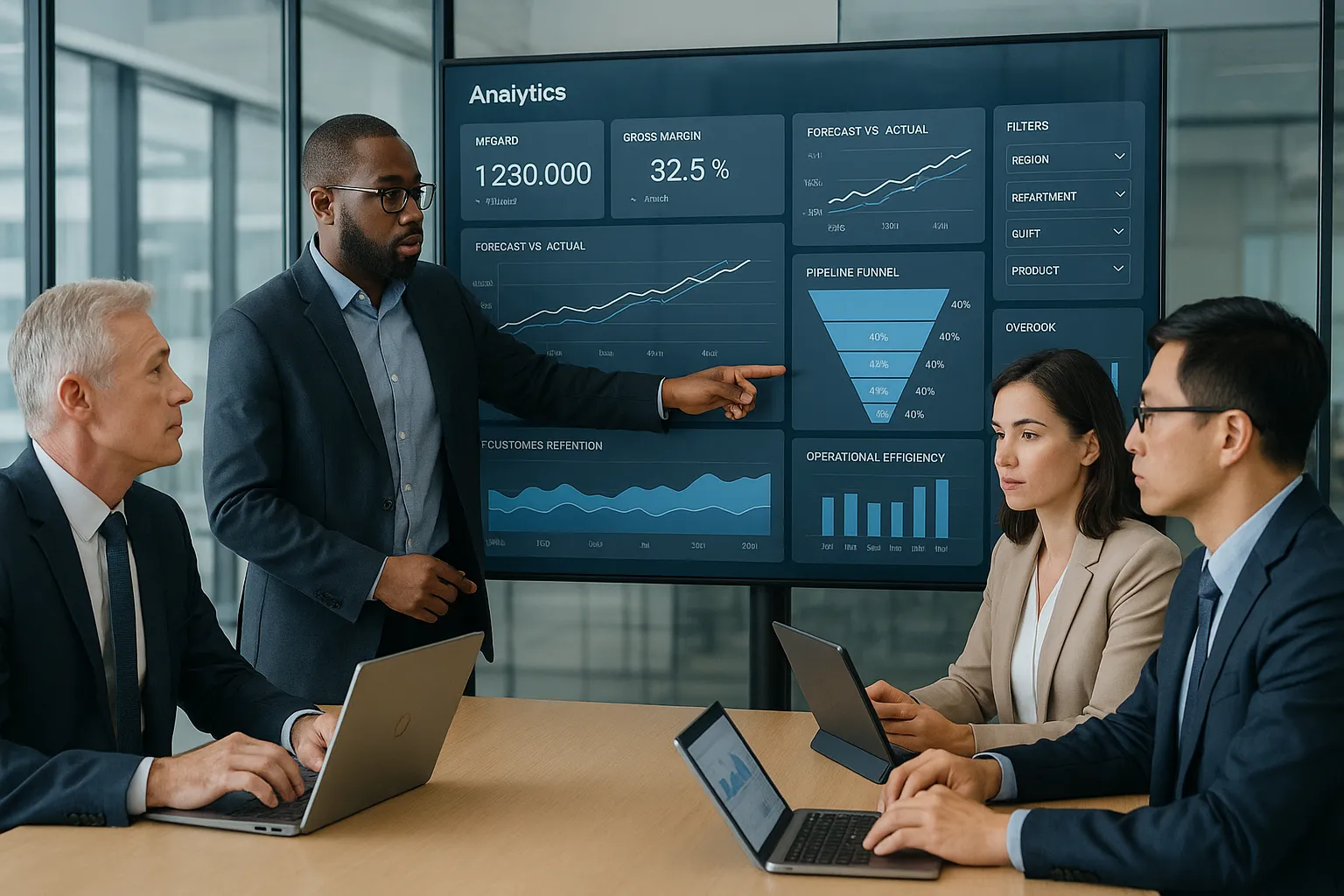 Professionals reviewing an interactive business dashboard in a modern office.