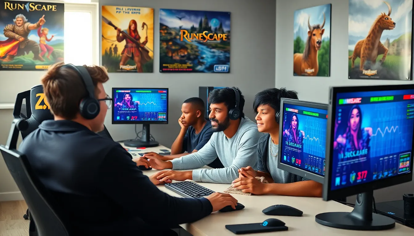 diverse gamers collaborating on Runescape leveling strategies in a modern studio.