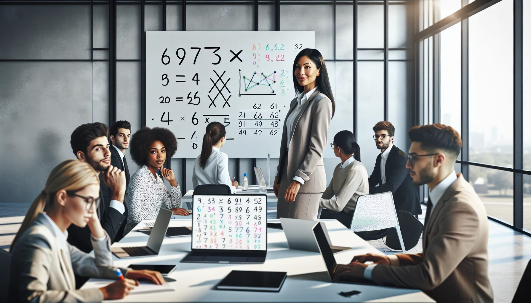 diverse professionals collaborating on multiplication concepts in a modern classroom.