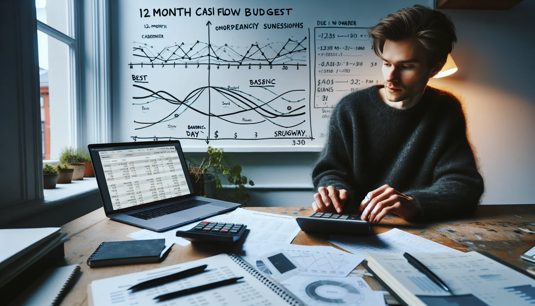 Norwegian founder reviews 12-month cash flow with best, base, worst scenarios.