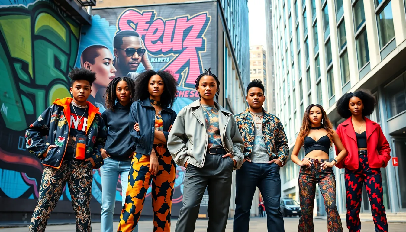 diverse group of youths in unique fashion on an urban street.