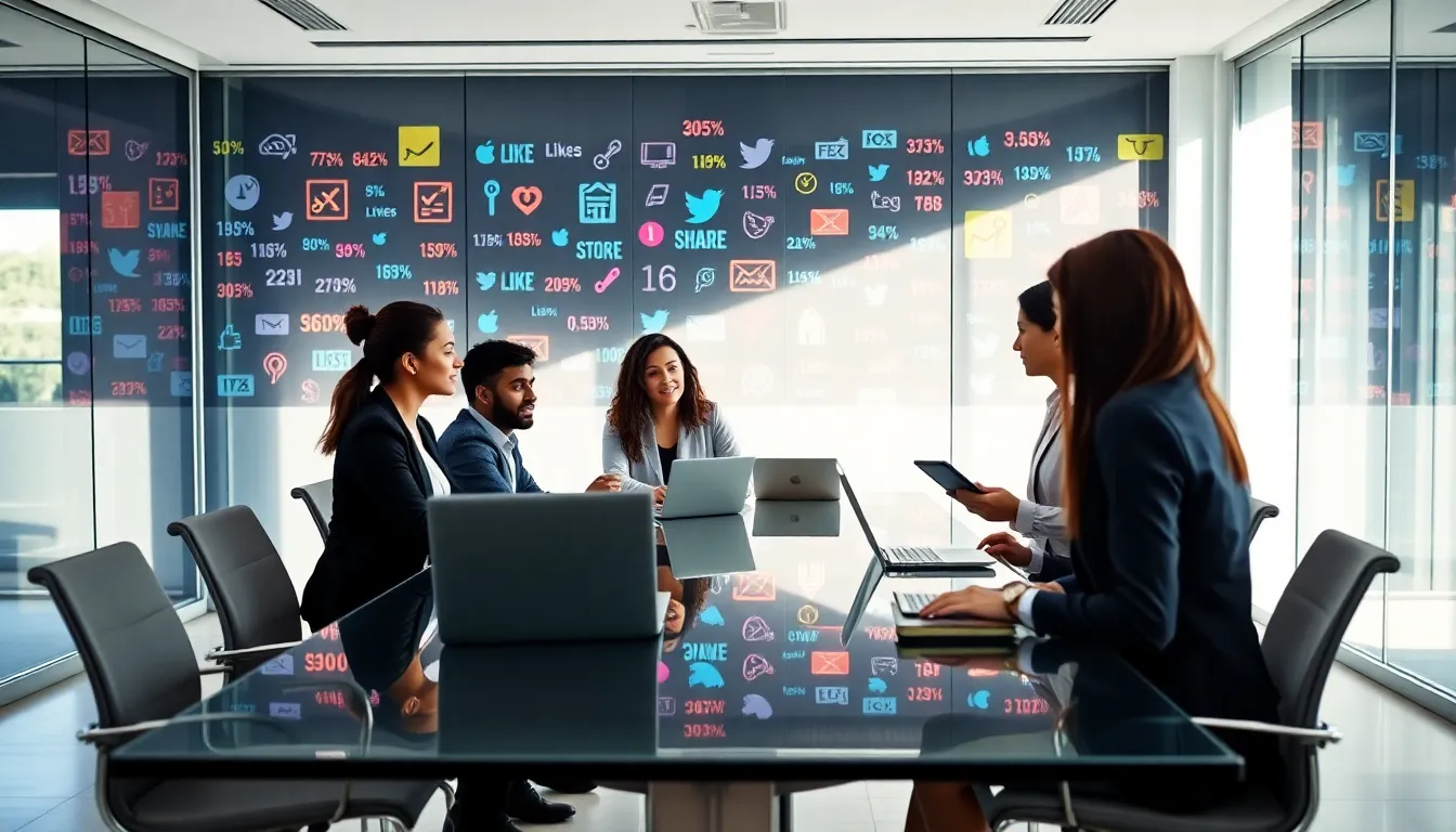 diverse team discussing social media strategy in a modern office.