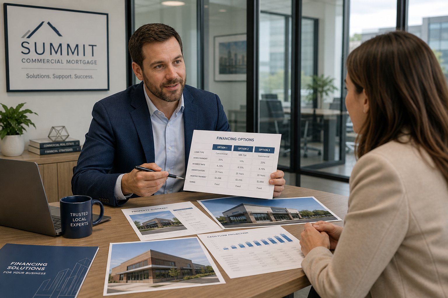 Mortgage broker presenting commercial property financing options in a modern glass-walled office.