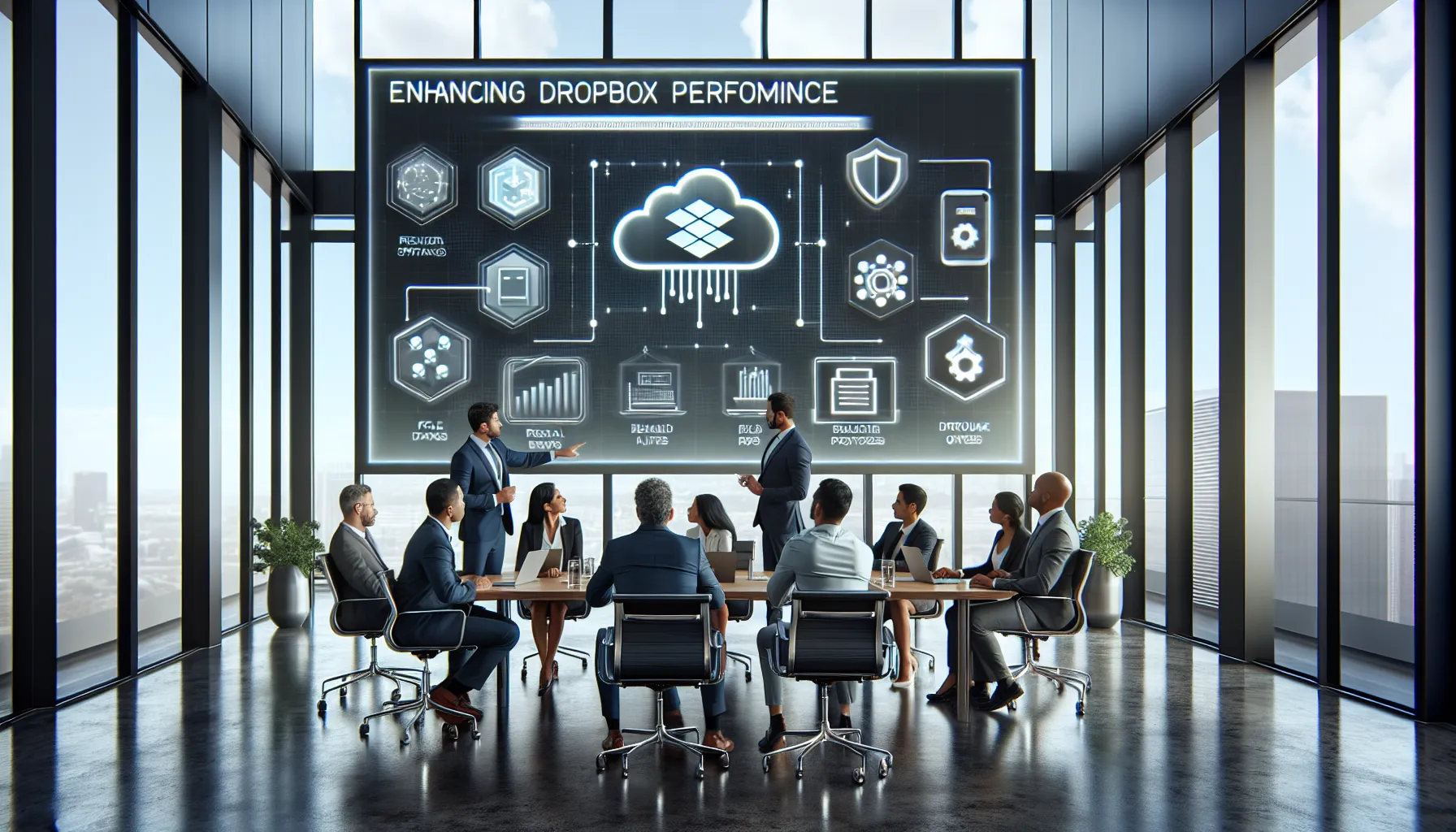 team discussing Dropbox preventive measures in a modern office.