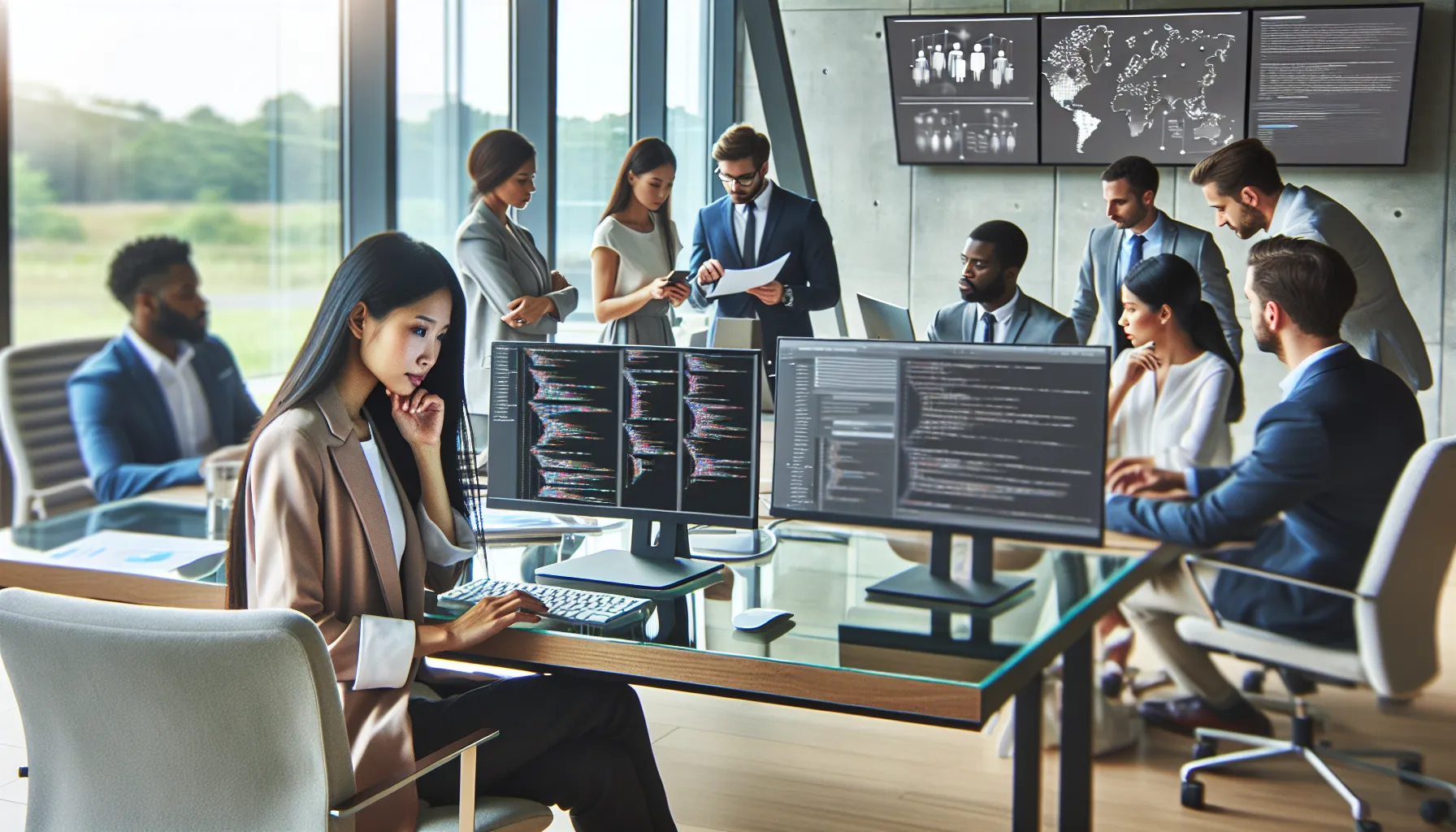 diverse professionals working in a modern office setting.