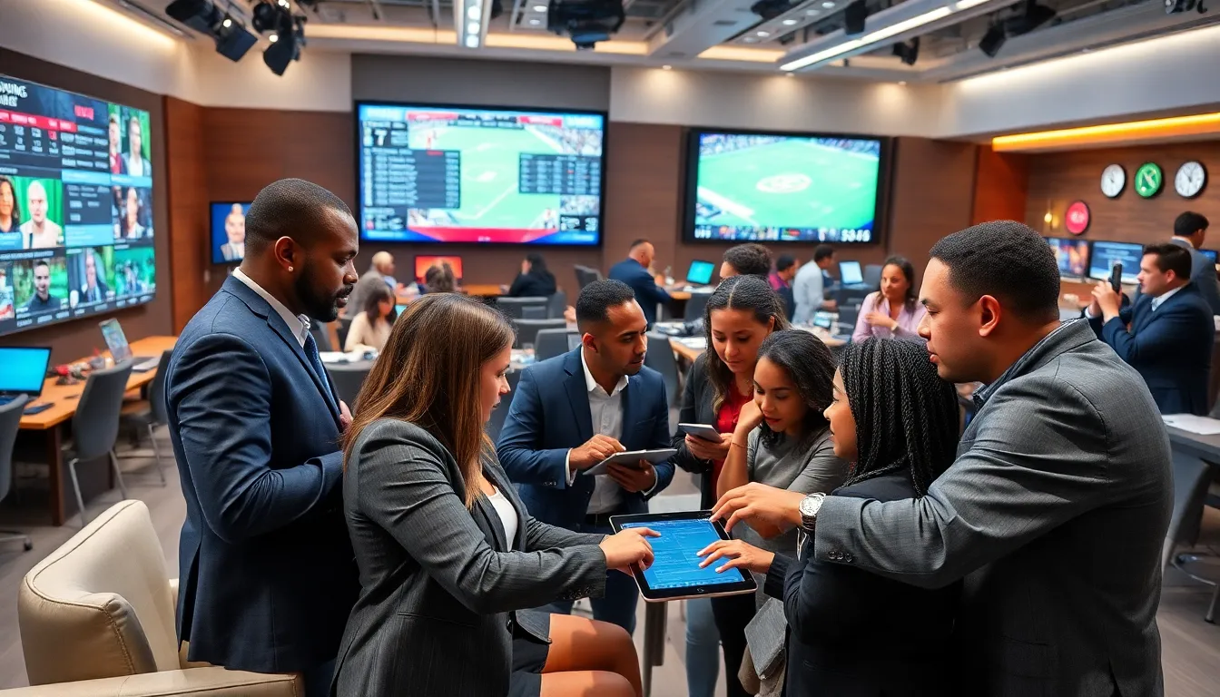 diverse reporters discussing sports news in a modern newsroom.