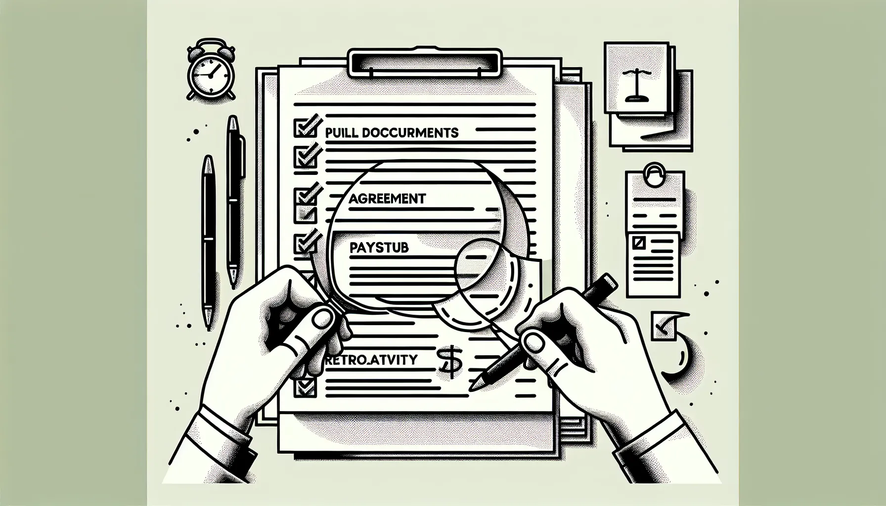 Hands examining contract and paystub with checklist and red-flag symbols.