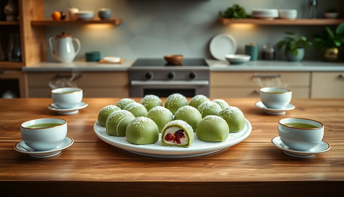 An elegant plate of green mochi delights with tea cups.