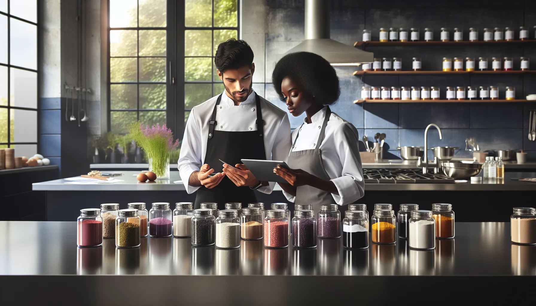 diverse chefs discussing food color regulations in a modern kitchen.