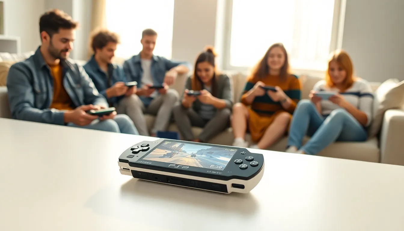 group enjoying handheld gaming in a modern living room.