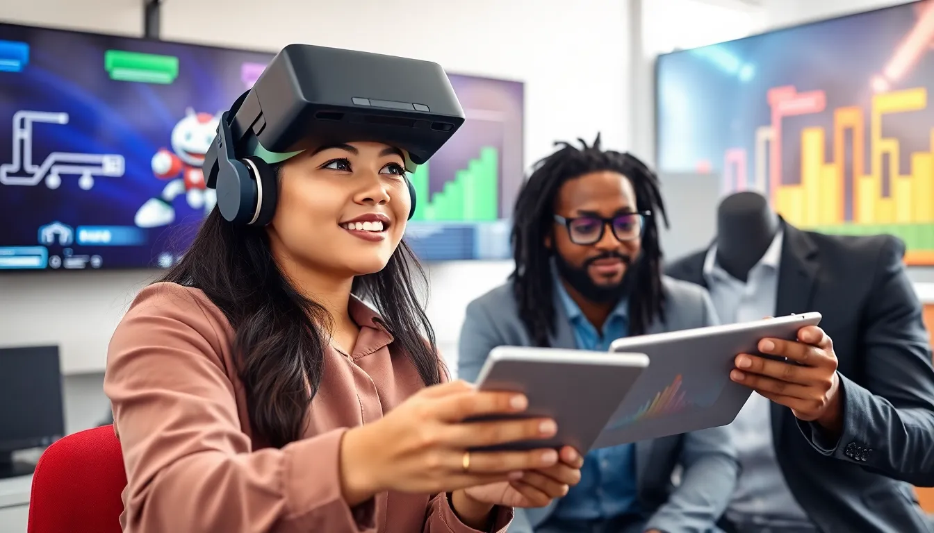 diverse professionals collaborating in a modern gaming office.