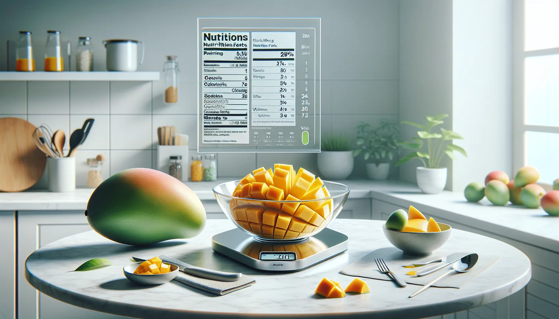 Fresh mango slices and nutrition facts card on a modern kitchen counter.