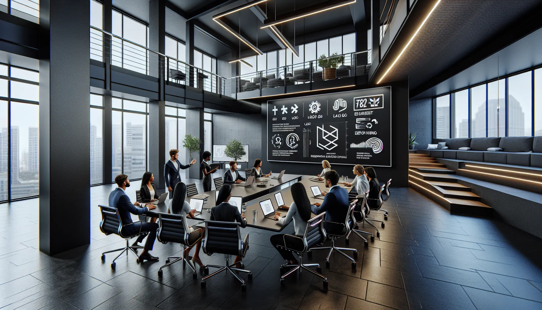 diverse professionals discussing logo design in a modern office setting.
