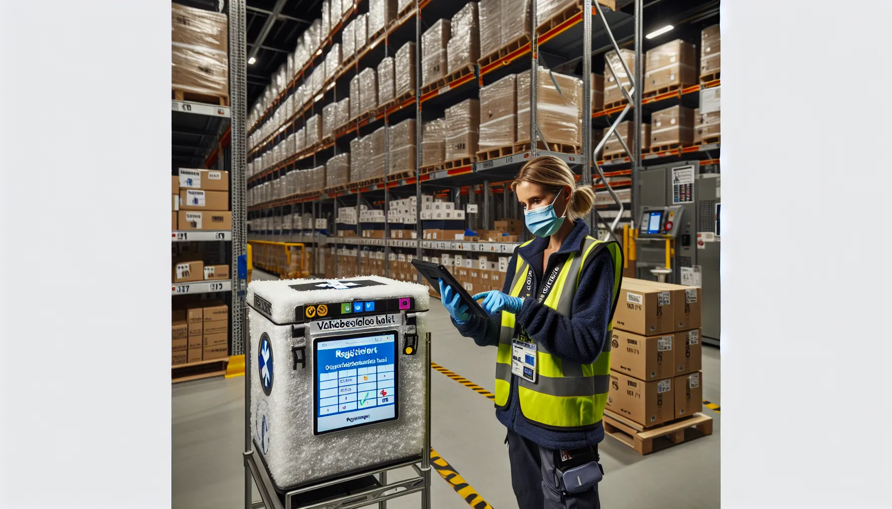 Norwegian health worker scans vaccine crates in a stocked emergency warehouse.