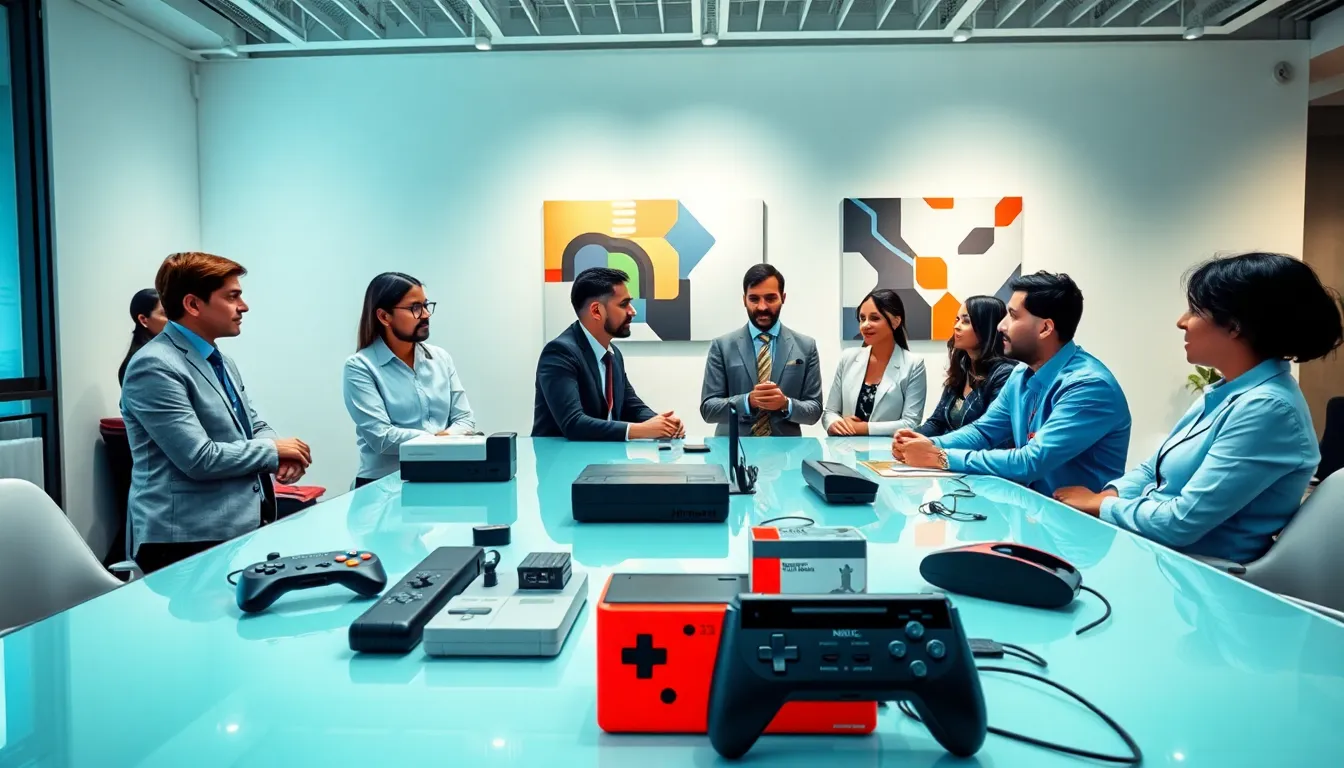 professionals discussing Nintendo's gaming history in a modern office.