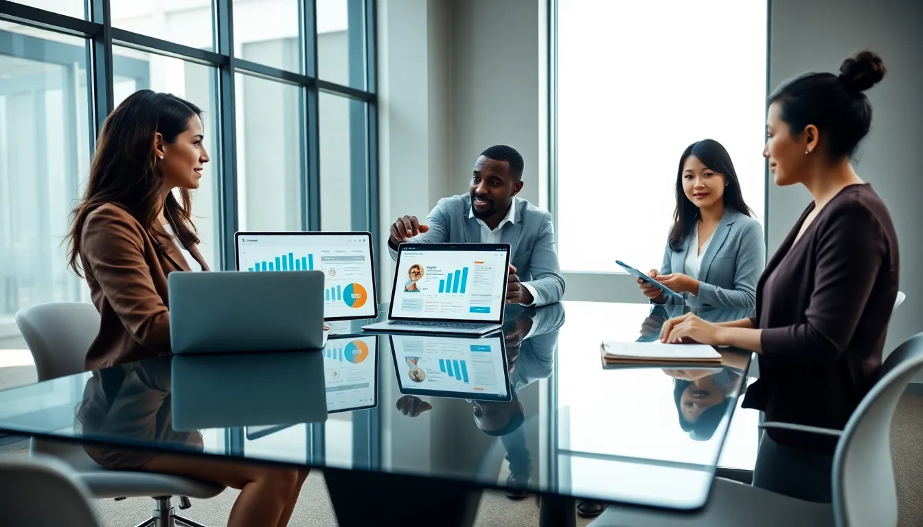 diverse team collaborating on digital marketing strategies in a modern office.