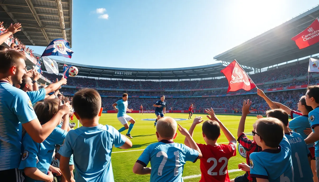 fans cheering for their football teams in a packed stadium during a match.
