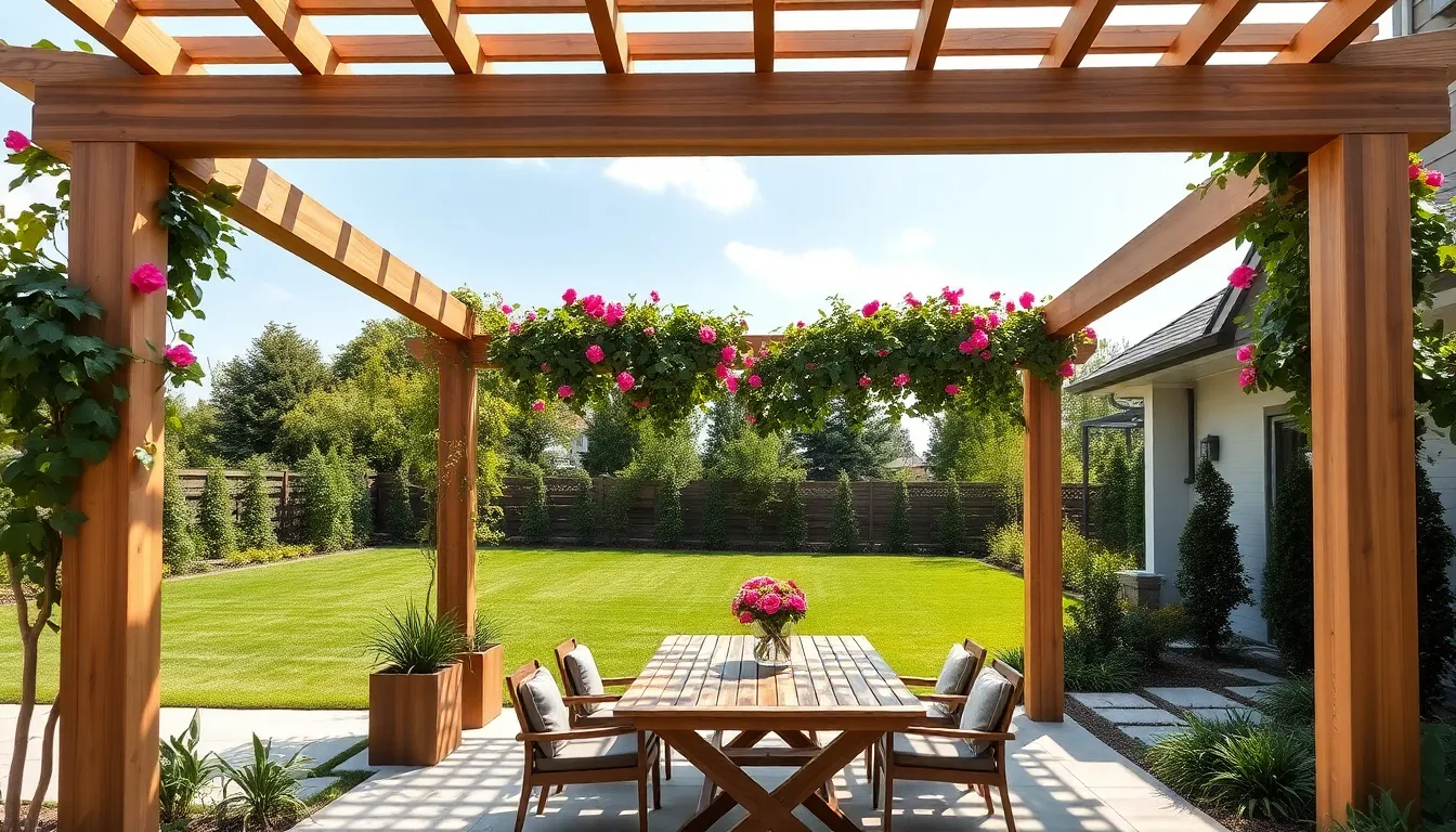 modern pergola decorated with plants in a stylish backyard.
