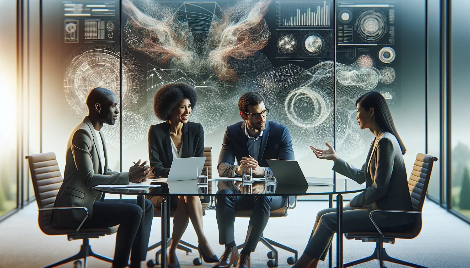 diverse team discussing a complex concept in a modern conference room.