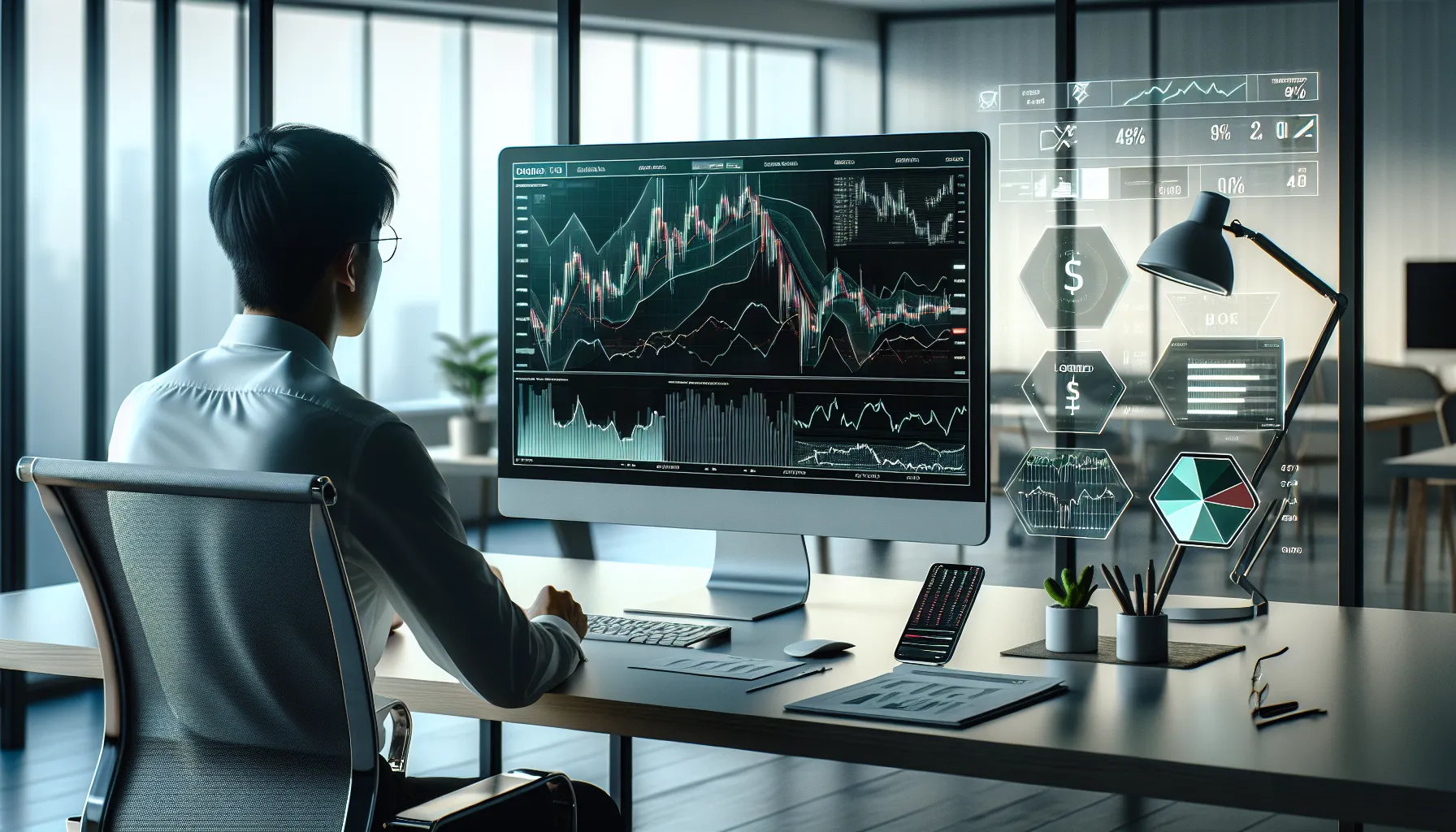 Professional trader analyzing margin trading interface on desktop monitor in modern office.