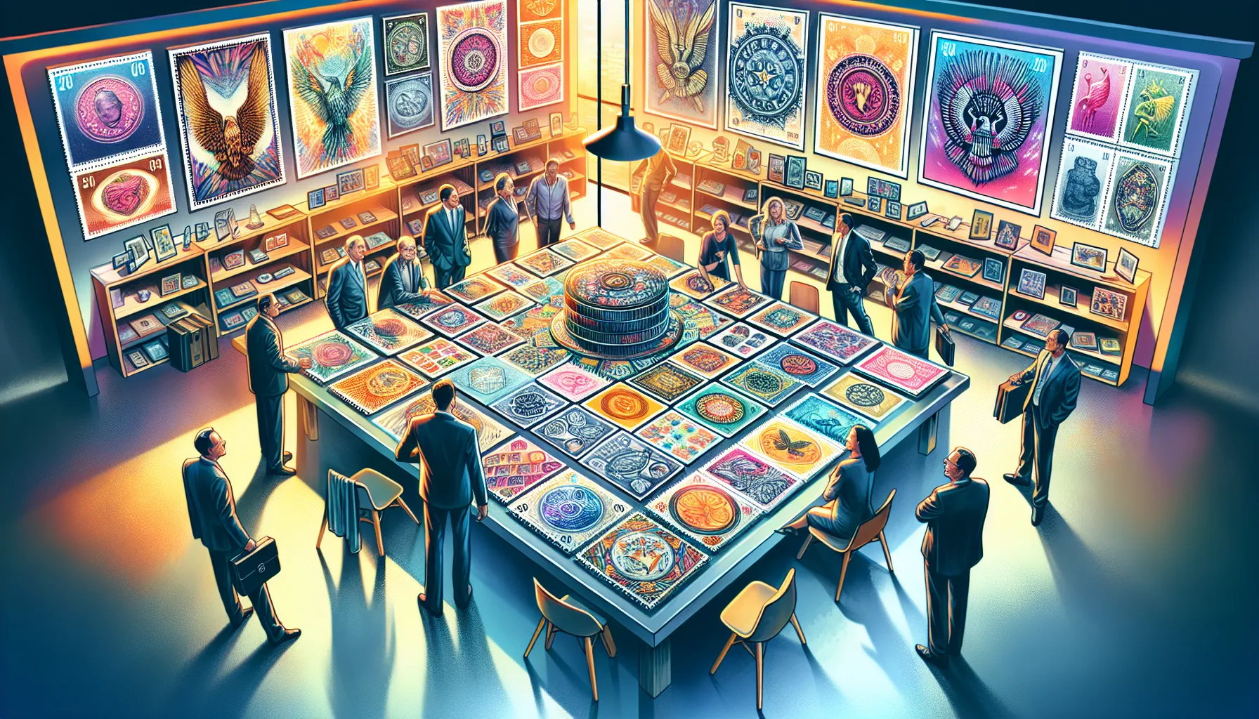 diverse collectors engaging over colorful stamp flpemblemables.