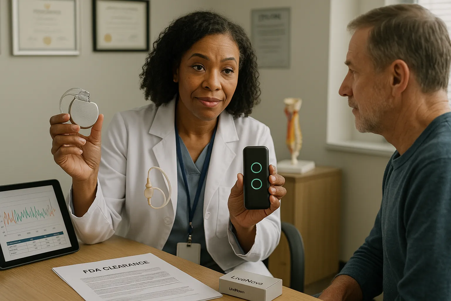 Neurologist comparing an implanted VNS generator and a handheld rhythmic resonance device.