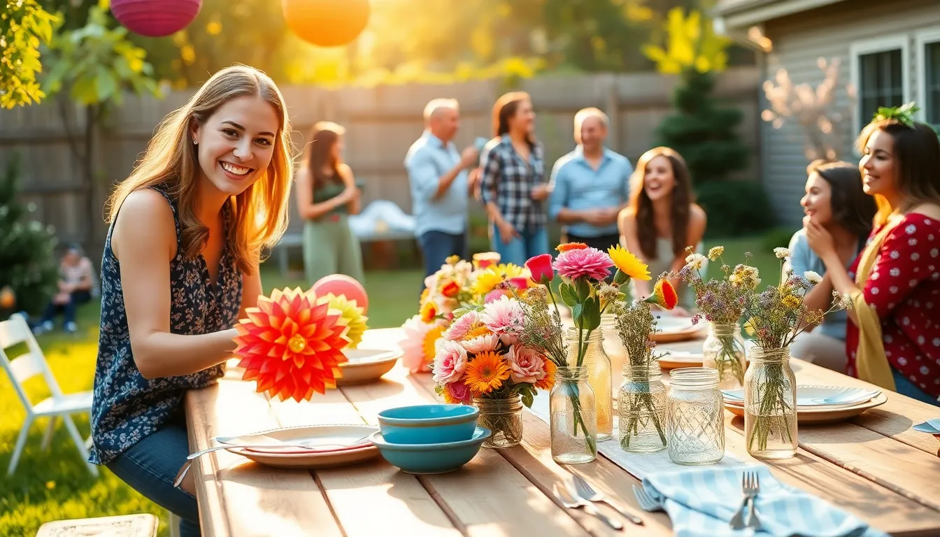 a joyful outdoor gathering with handmade decorations and friends enjoying together.