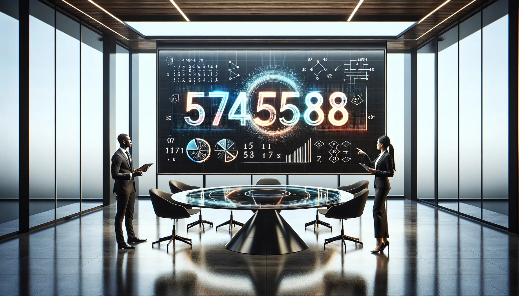 professionals analyzing the number 5742595888 in a modern office.