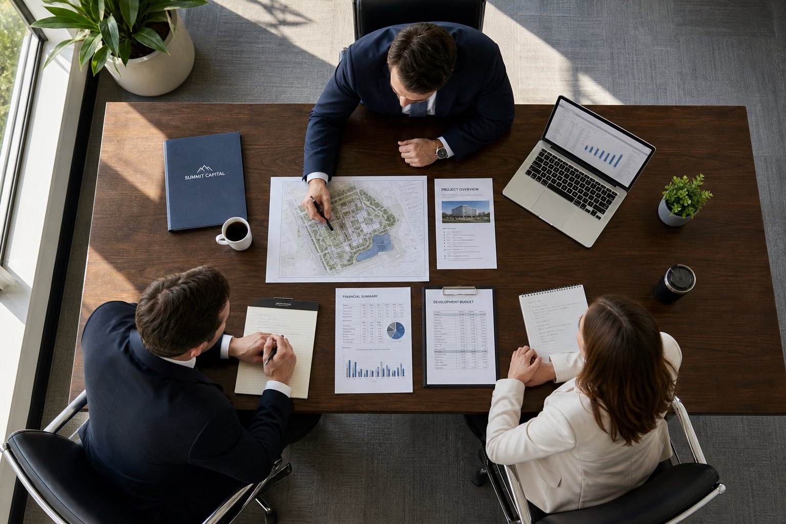 Overhead view of three professionals reviewing site maps and financial papers around a meeting table.