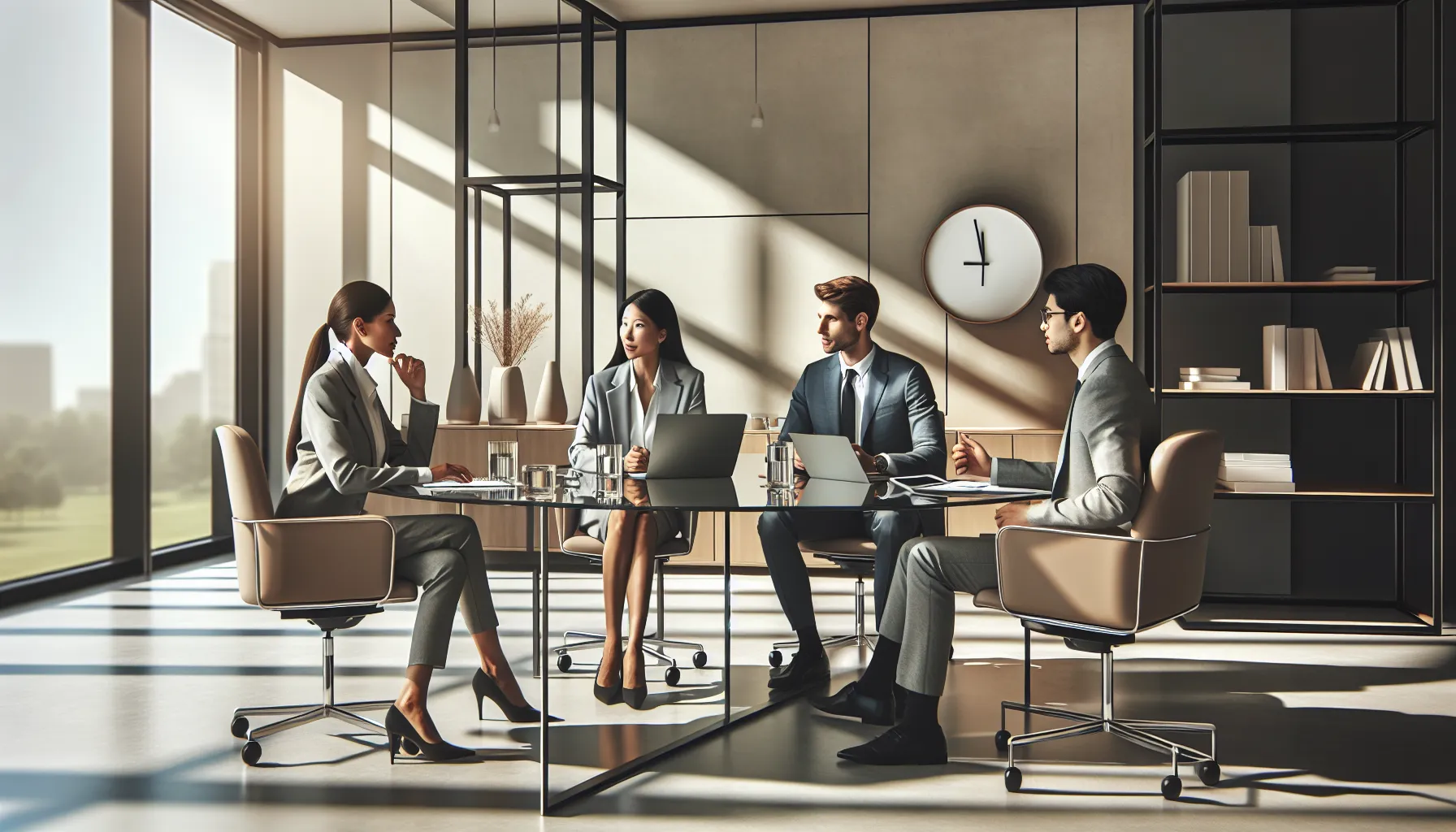diverse professionals discussing during a conference call in a modern office.